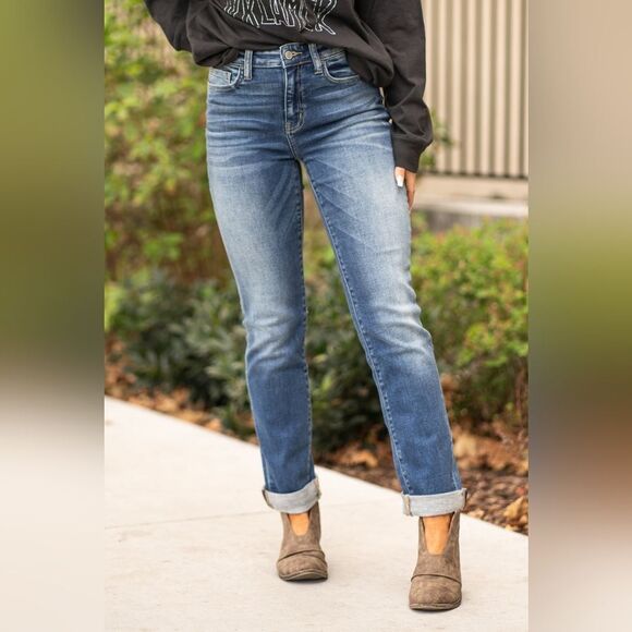 Plus Size! Seven7 Medium Wash Cropped Hem Cuffed Jeans (Stretchy) - Picture 3 of 10